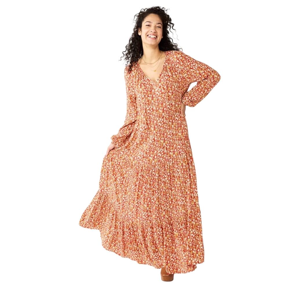Sonoma Rust Floral Tiered Vacation Maxi Modest Summer Boho Cottagecore Dress  L